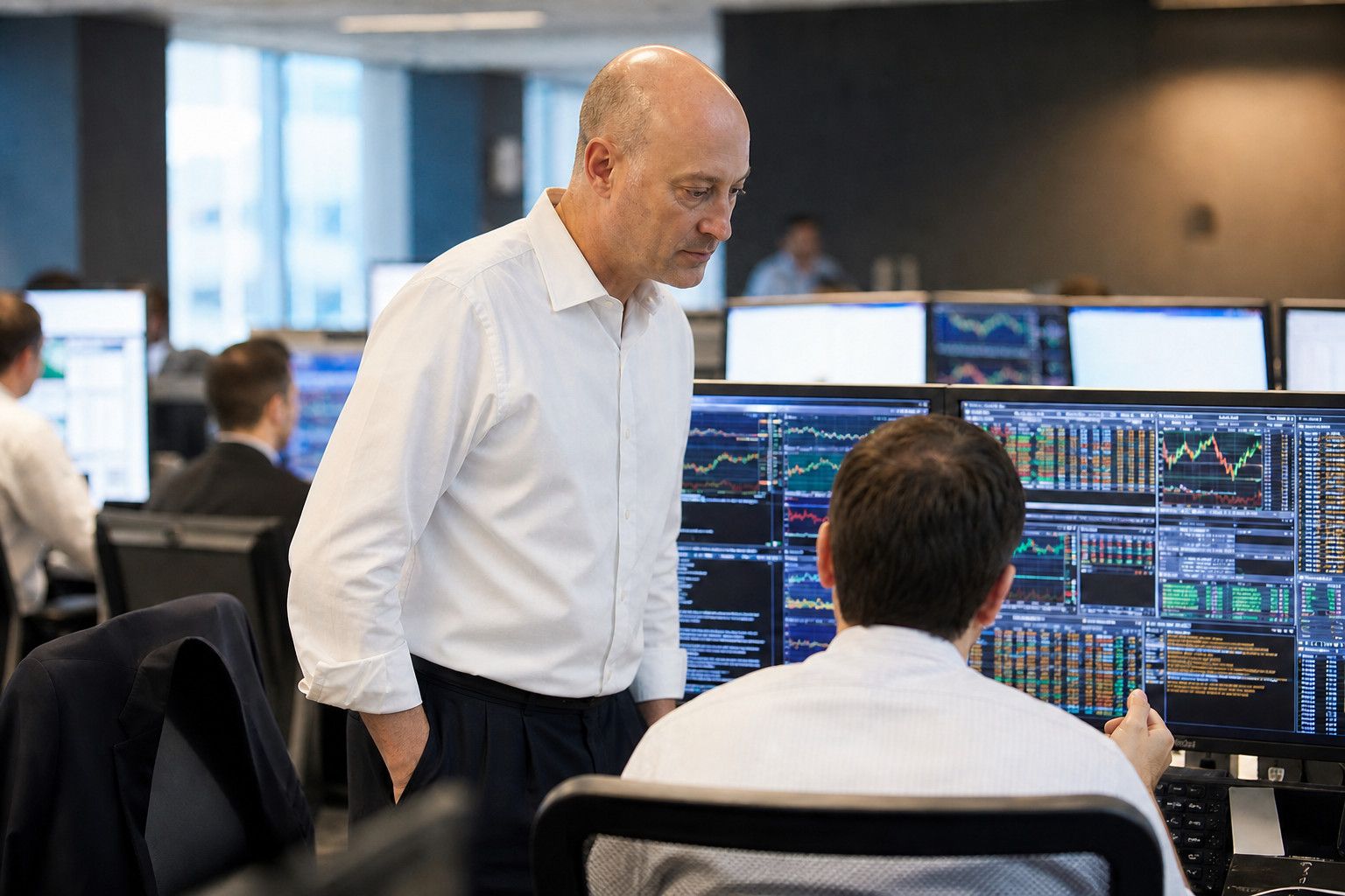 Peter DeCaprio standing on a trading floor in a white shirt, reading market data over the shoulder of a seated analyst